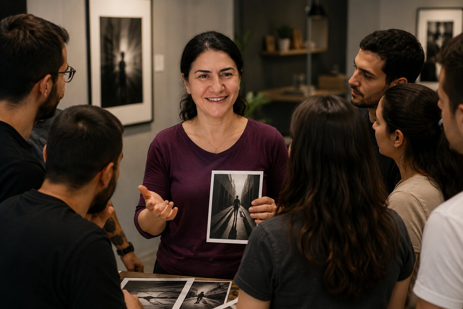Masa etrafında fotoğraf seçimi yapan öğrenciler